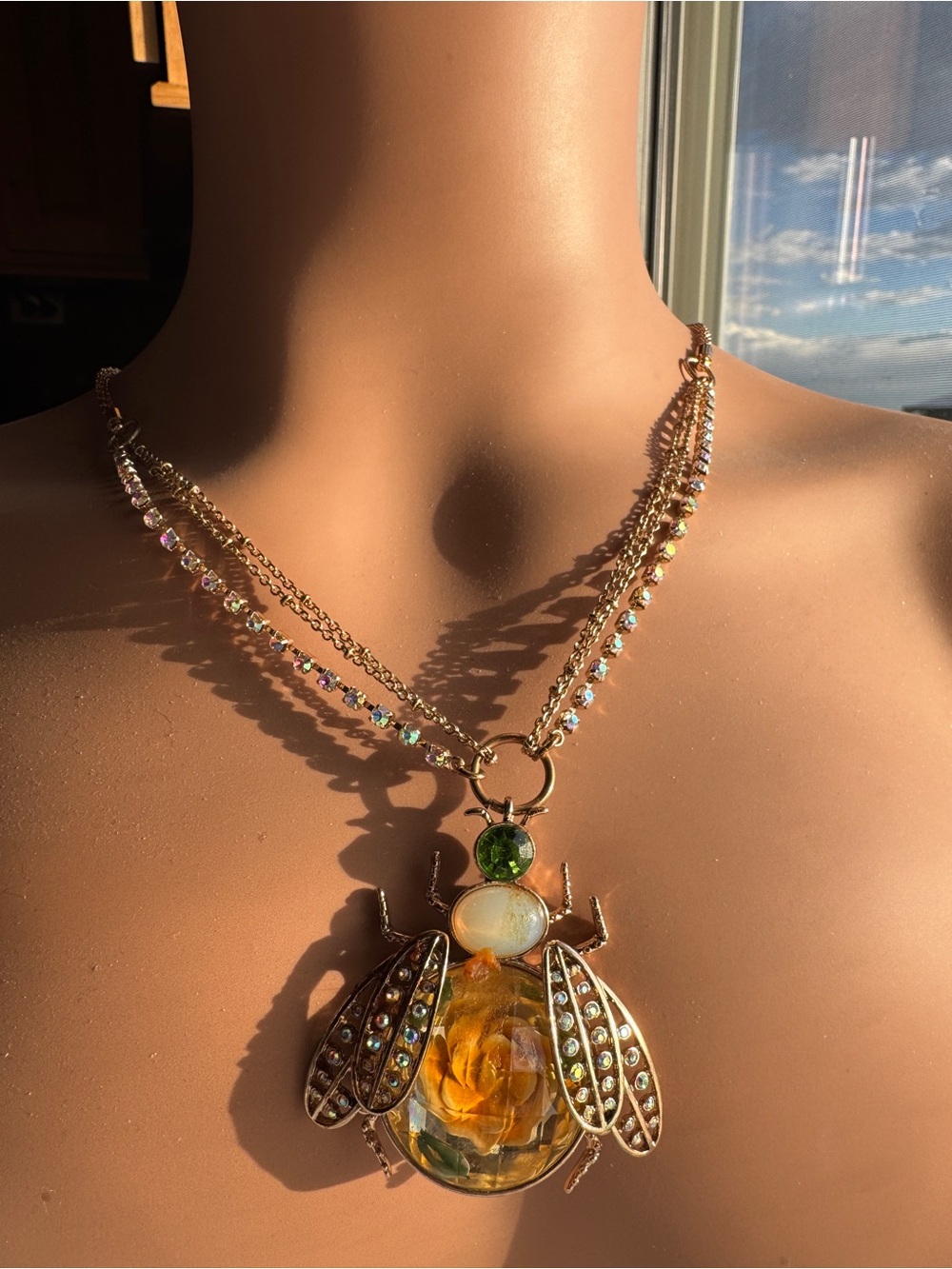 BETSEY JOHNSON Gold-Tone Bee Pendant Necklace with Amber Rose and Green Crystal